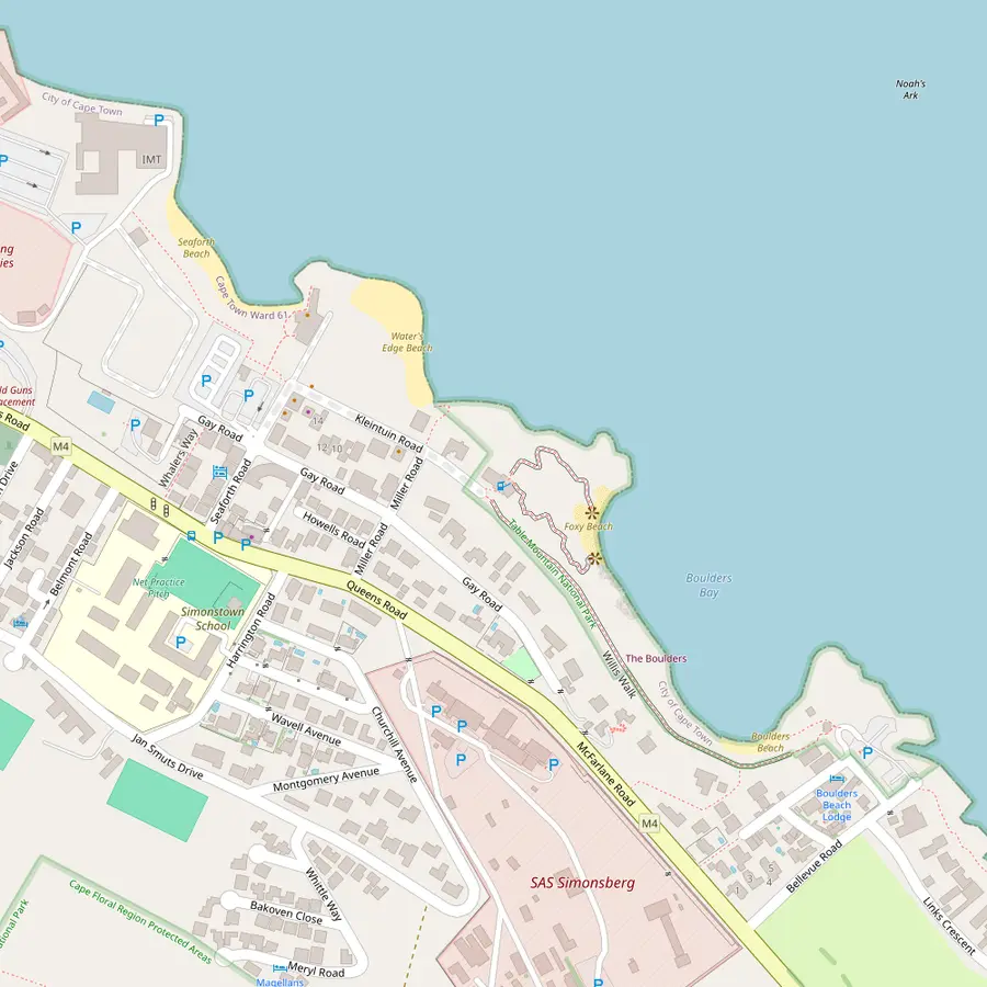 Map of the Boulders section in Simon's Town with Seaforth Beach, the Boulders Visitor Centre, Foxy Beach and Boulders Beach