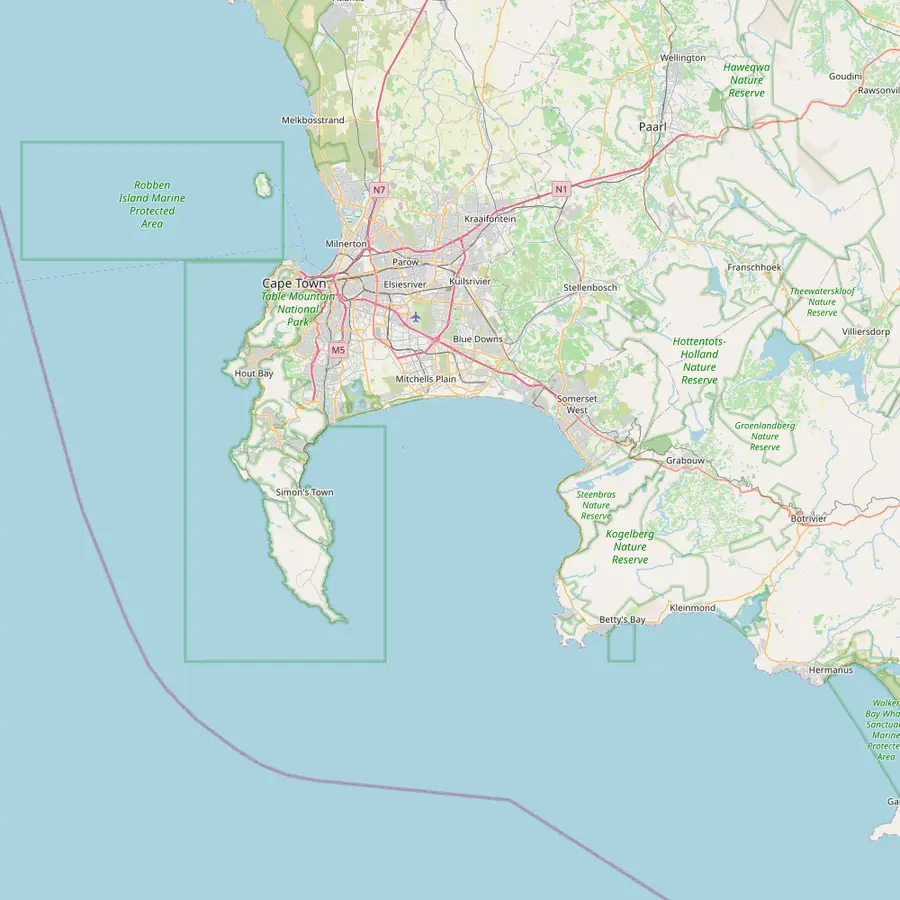 Map of the Cape Peninsula and False Bay with the V&A Waterfront, Muizenberg, Simon's Town, Cape Point and Stony Point in Betty's Bay